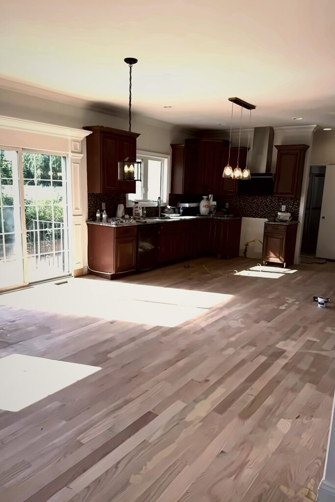 Wood flooring across an open kitchen and living area lit by a patio door